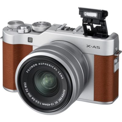 the silver FUJIFILM X-A5 Mirrorless Digital Camera from Fujifilmis a mirrorless camera that sports a 24.2MP APS-C CMOS sensor and an updated processor that is 1.5 times faster than previous models.